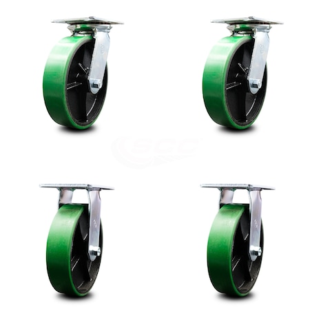 Service Caster 8 Inch Green Poly on Cast Iron Caster Set with Ball Bearings 2 Swivel 2 Rigid SCC-35S820-PUB-GB-2-R-2